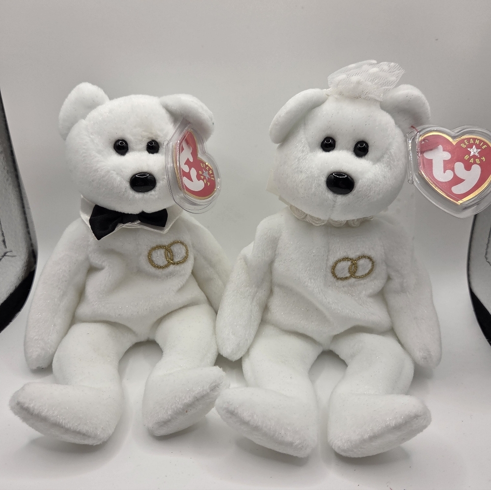 MR & MRS TY Beanie Baby Plush Bride & Groom Bears Retired Wedding w Tags